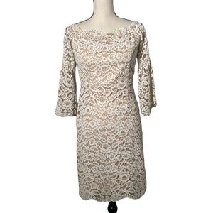 Arc N Co Ivory White Floral Lace Boat Neck Mini Sheath Dress Small